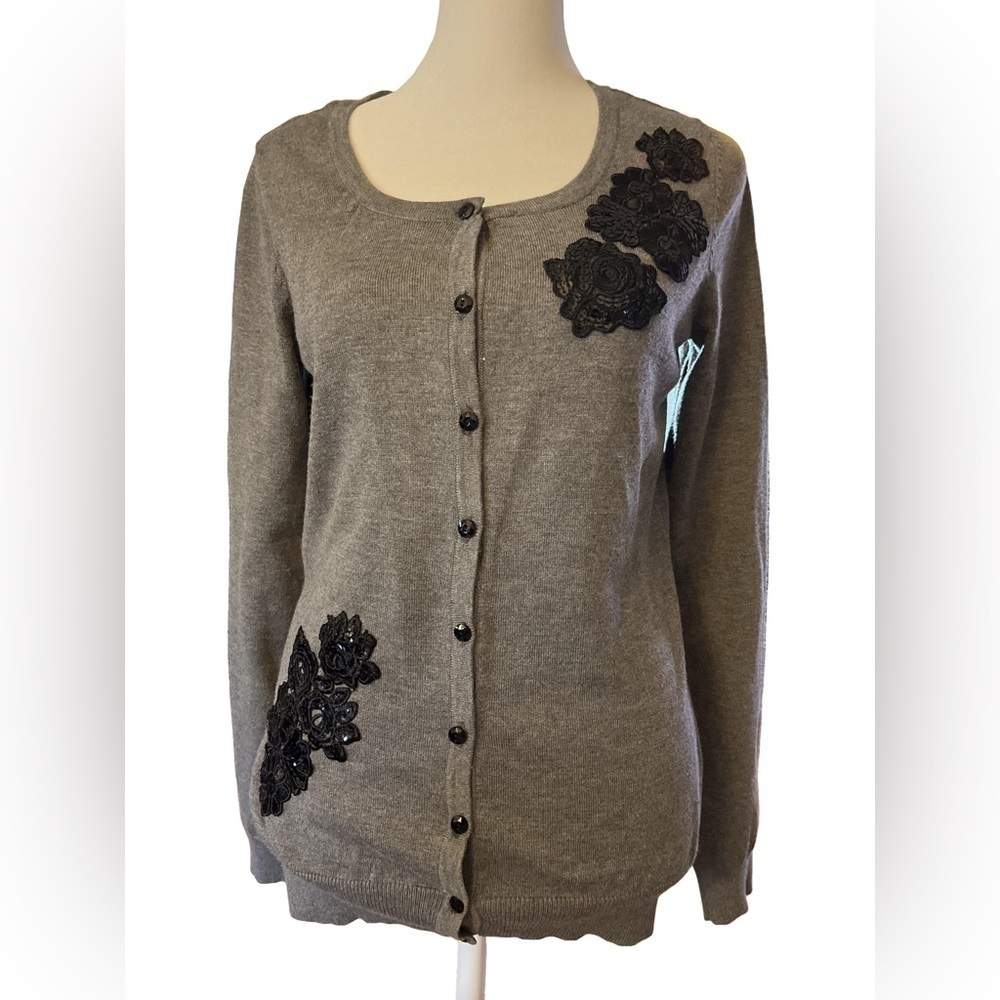 Debbie Morgan  Gray and Black Cardigan with Black Floral Appliques - Size Small